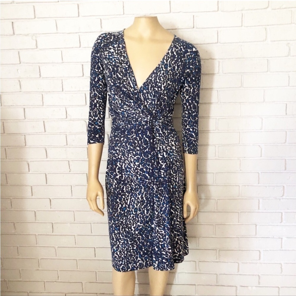 Ann Taylor Print Faux Wrap Dress, Navy, Black, White, Size XS